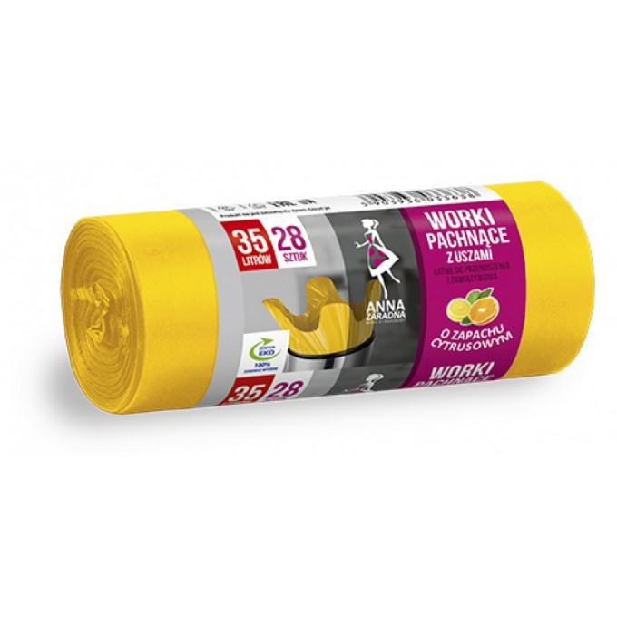 Worki na śmieci z uszami ANNA ZARADNA, zapach cytrusów, 35 l, 28 szt., żółty