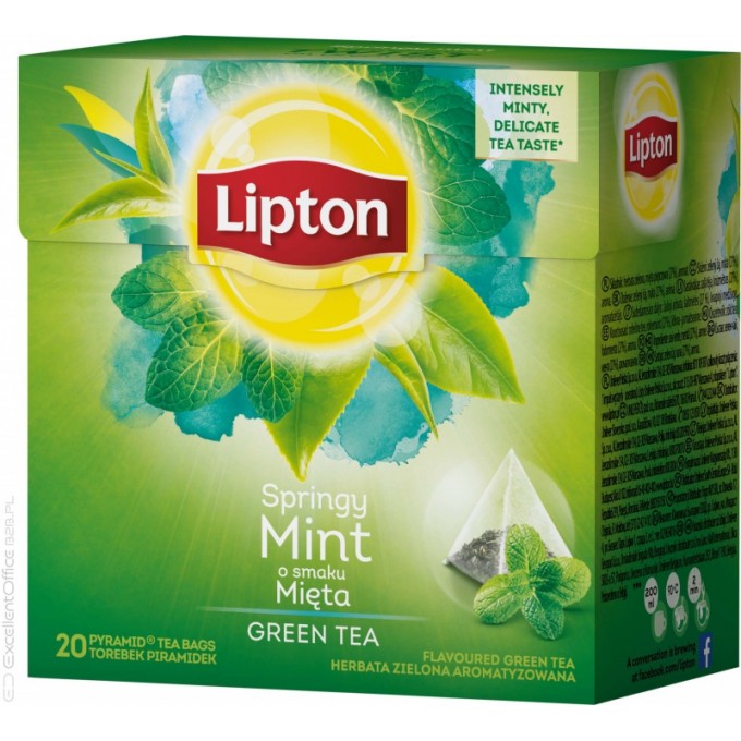 Herbata LIPTON, piramidki, 20 torebek, zielona z miętą