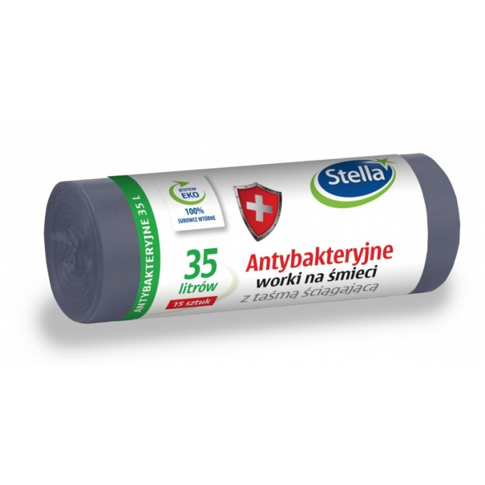Worki na śmieci STELLA, z taśmą ściągającą, antybakteryjne, 35l, 15szt, szare, szary