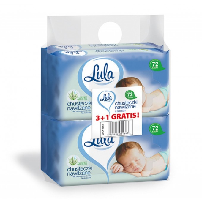 Chusteczki nawilżane LULA, z aloesem, 72 szt., białe, 3+1 Gratis