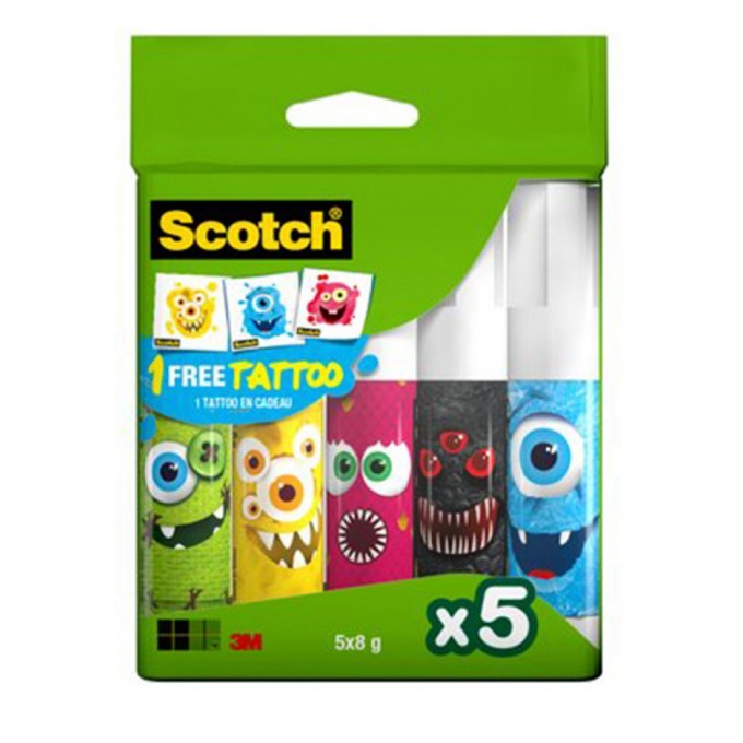 Klej szkolny w sztyfcie SCOTCH® Monsters Edition, do papieru, 8g, 5szt, bezbarwny