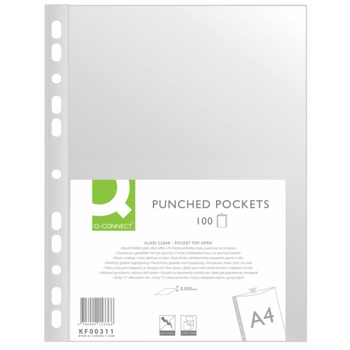 Koszulki na dokumenty Q-CONNECT, PP, A4, krystal, 50mikr., 100szt., transparentna