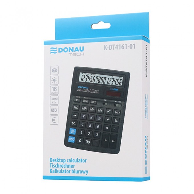 Kalkulator biurowy DONAU TECH, 16-cyfr. wyświetlacz, wym. 190x143x40 mm, czarny