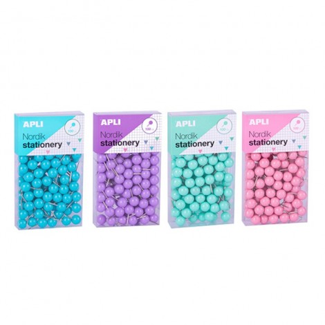 Pinezki APLI Nordik, 09x20 mm, 100 szt., pudełko z zawieszką, mix kolorów pastel Pinezki APLI Nordik, 09x20 mm, 100 szt., pudełko z zawieszką, mix kolorów pastel