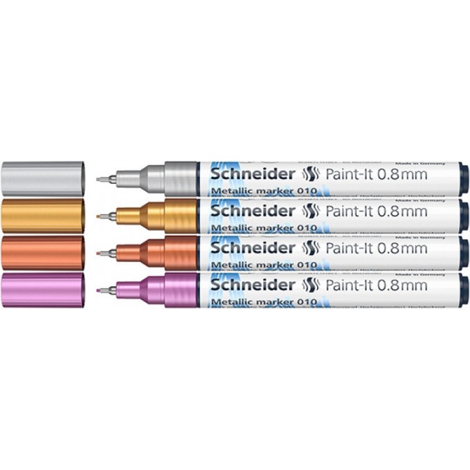 Marker akrylowy SCHNEIDER Paint-It Metallic, 0,8 mm, etui 4 szt., srebrny, złoty, miedziany, fioletowy