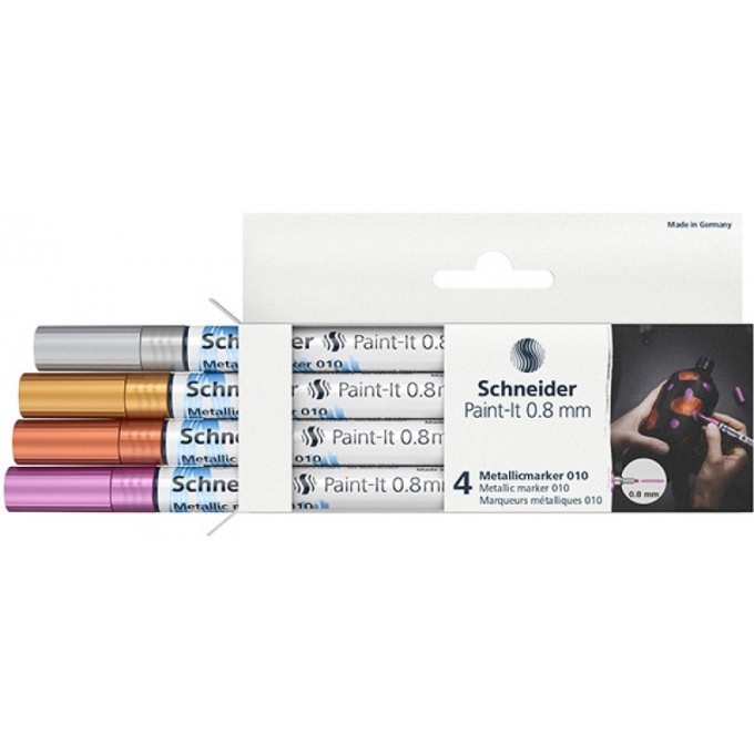 Marker akrylowy SCHNEIDER Paint-It Metallic, 0,8 mm, etui 4 szt., srebrny, złoty, miedziany, fioletowy