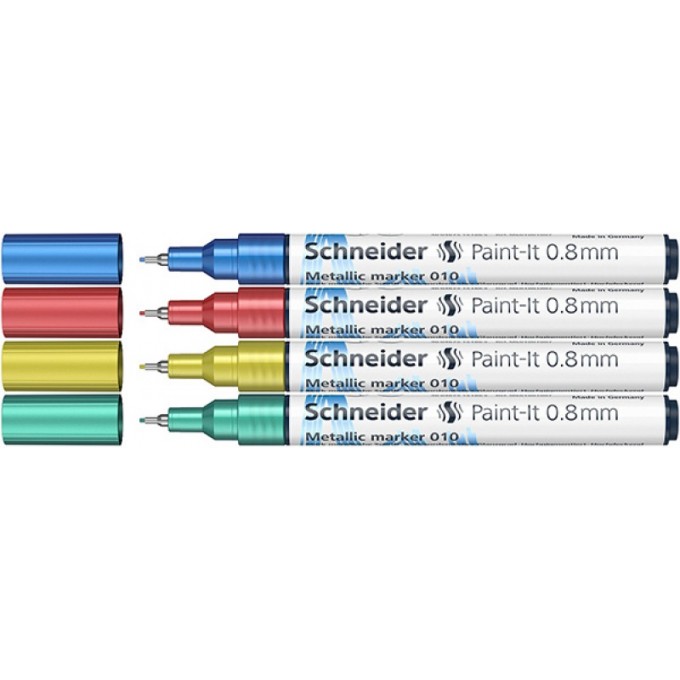 Marker akrylowy SCHNEIDER Paint-It Metallic, 0,8 mm, etui 4 szt., niebieski, czerowny, żółty, zielony