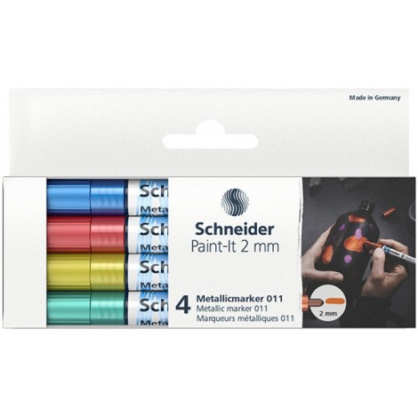 Marker akrylowy SCHNEIDER Paint-It Metallic, 2 mm, etui 4 szt., niebieski, czerowny, żółty, zielony