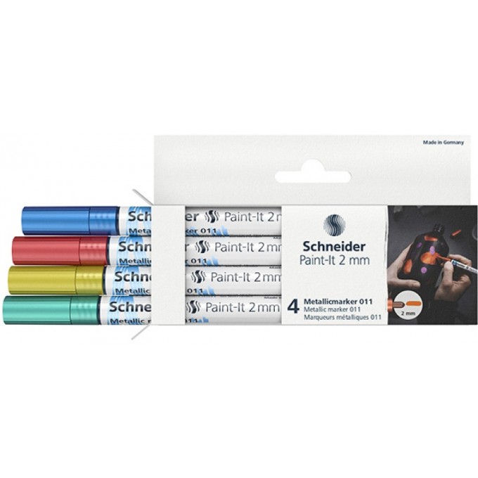 Marker akrylowy SCHNEIDER Paint-It Metallic, 2 mm, etui 4 szt., niebieski, czerowny, żółty, zielony