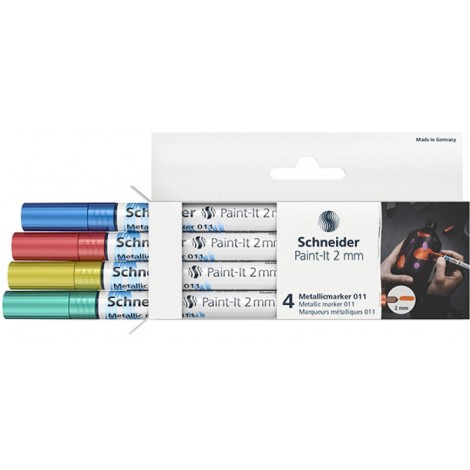 Marker akrylowy SCHNEIDER Paint-It Metallic, 2 mm, etui 4 szt., niebieski, czerowny, żółty, zielony