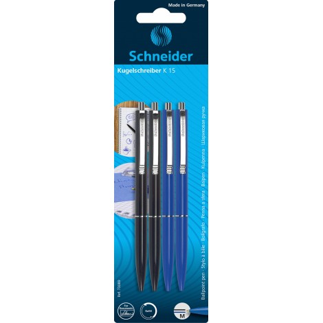Długopisy automatyczne SCHNEIDER K15,  2x czarny + 2x niebieski, blister