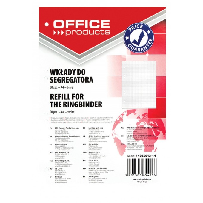 Wkład do segregatora OFFICE PRODUCTS, A4, w kratkę, 50 kart., biały