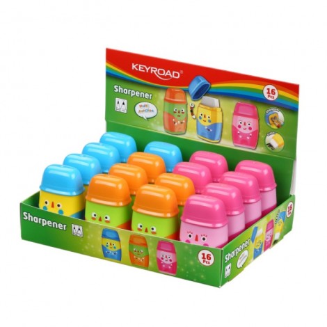 Temperówka plastikowa KEYROAD Hello, z gumką, podwójna, z pojemnikiem, display, mix kolorów