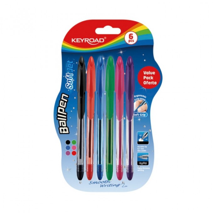 Długopis klasyczny KEYROAD Ball Pen Soft Jet, 0,7 mm, 6 s.zt, blister, mix kolorów