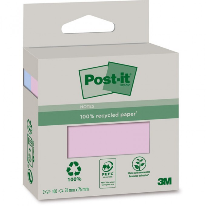 Ekologiczne karteczki samoprzylepne Post-it, 76x76mm, 2x100 kart., pastelowy róż