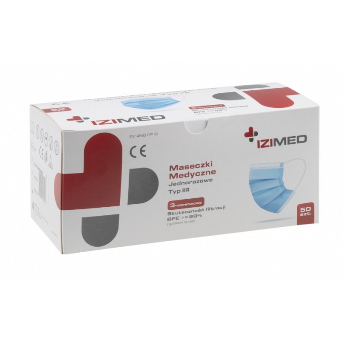 Maseczka jednorazowa medyczna IZIMED, TYP IIR, 3-warstwowa, 50 szt.