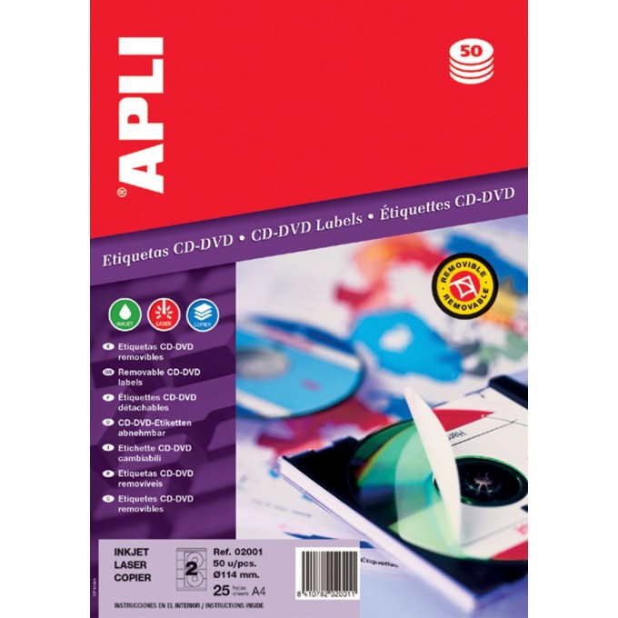 Etykiety na płyty CD/DVD APLI, średnica 114/41mm, okrągłe, białe