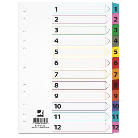 Przekładki Q-CONNECT Mylar, karton, A4, 225x297mm, 1-12, 12 kart, lam. indeks, mix kolorów Przekładki Q-CONNECT Mylar, karton, A4, 225x297mm, 1-12, 12 kart, lam. indeks, mix kolorów