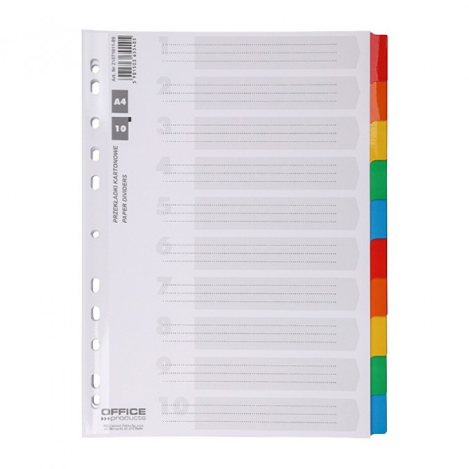 Przekładki OFFICE PRODUCTS, karton, A4, 227x297mm, 10 kart, lam. indeks, mix kolorów