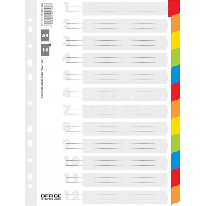 Przekładki OFFICE PRODUCTS, karton, A4, 227x297mm, 12 kart, lam. indeks, mix kolorów