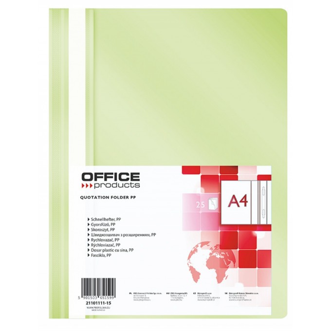 Skoroszyt OFFICE PRODUCTS, PP, A4, miękki, 100/170mikr., jasnozielony