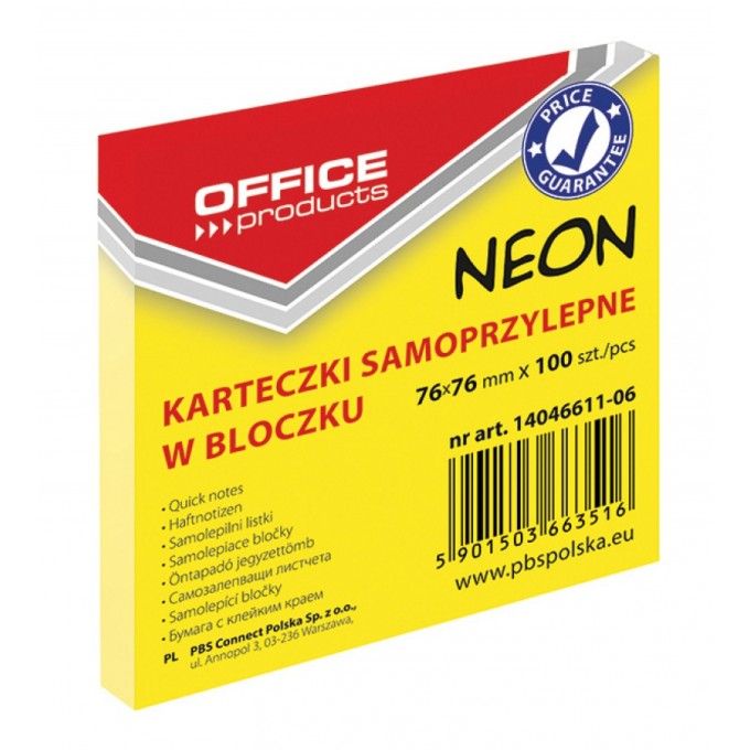 Bloczek samoprzylepny OFFICE PRODUCTS, 76x76mm, 1x100 kart., neon, żółty