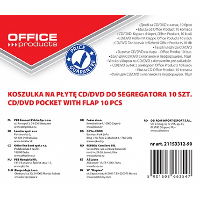 Koperty na płyty CD/DVD OFFICE PRODUCTS, do wpinania, PP, 10szt., transparentny