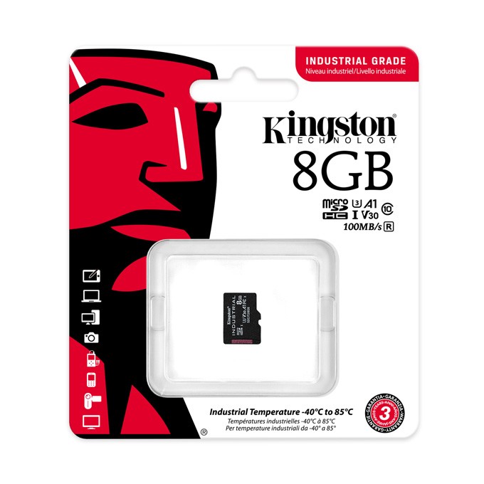 Kingston Karta pamięci Micro Secure Digital Card Industria, 8GB, micro SDHC, SDCIT2/8GBSP, UHS-I U3 (Class 10), V30, 