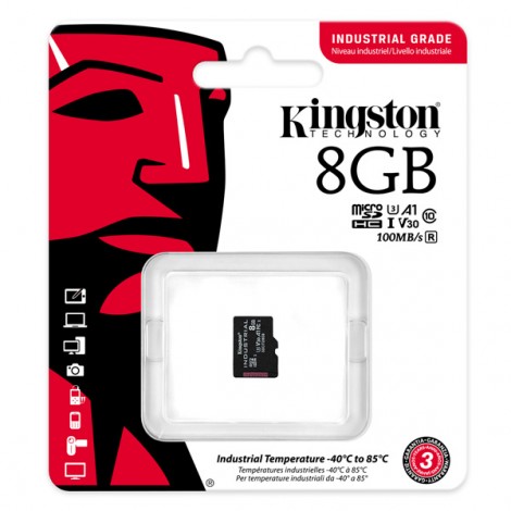 Kingston Karta pamięci Micro Secure Digital Card Industria, 8GB, micro SDHC, SDCIT2/8GBSP, UHS-I U3 (Class 10), V30, 