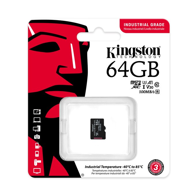 Kingston karta pamięci Industrial C10, 64GB, micro SDXC, SDCIT2/64GBSP, UHS-I U3 (Class 10), karta pSLC, V30, A1