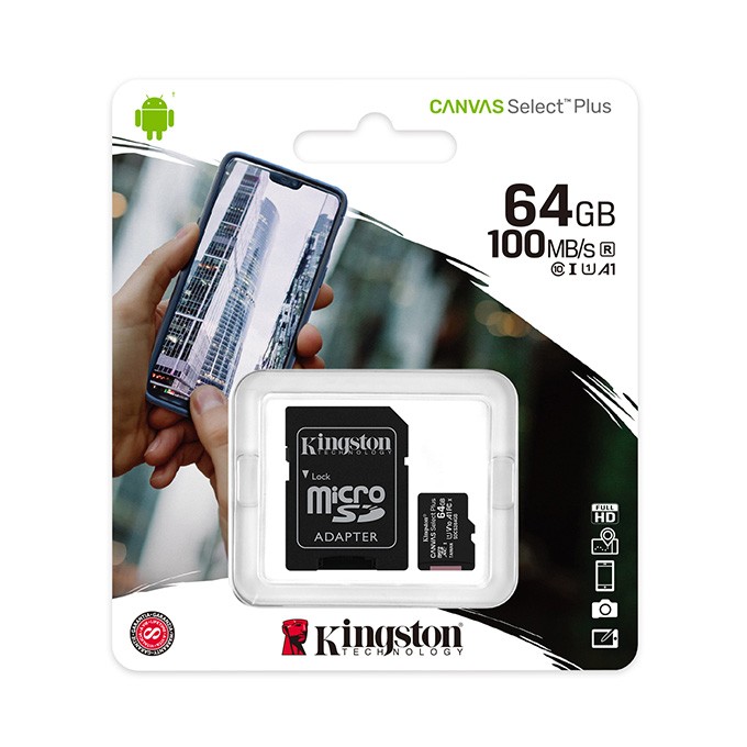 Kingston karta Canvas Select Plus, 64GB, micro SDXC, SDCS2/64GB, UHS-I U1 (Class 10), z adapterm, A1