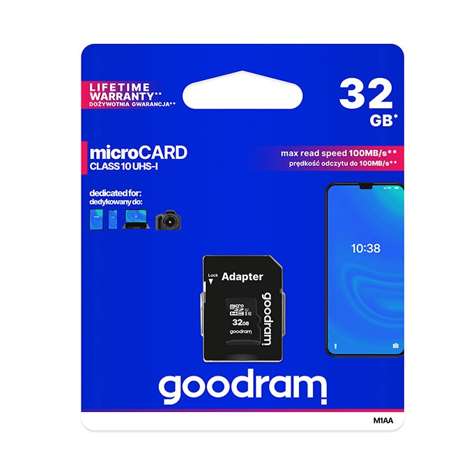Goodram Karta pamięci Micro Secure Digital Card, 32GB, micro SDHC, M1AA-0320R12, UHS-I U1 (Class 10), z adapterm