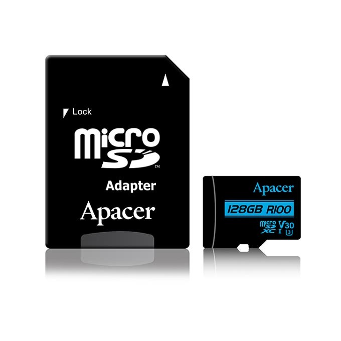 Apacer Karta pamięci Secure Digital Card V30, 128GB, micro SDXC, AP128GMCSX10U7-R, UHS-I U3 (Class 10) V30, z adapterm