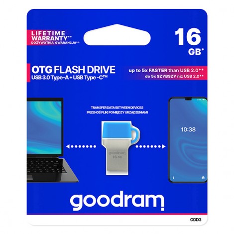 Goodram USB flash disk OTG, USB 3.0, 16GB, ODD3, niebieski, ODD3-0160B0R11, USB A / USB C, z osłoną