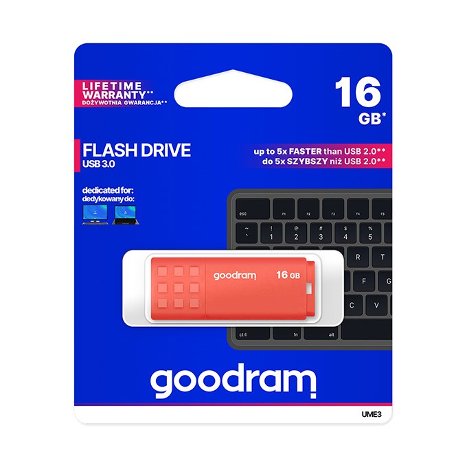 Goodram USB flash disk, USB 3.0, 16GB, UME3, pomarańczowy, UME3-0160O0R11, USB A, z osłoną