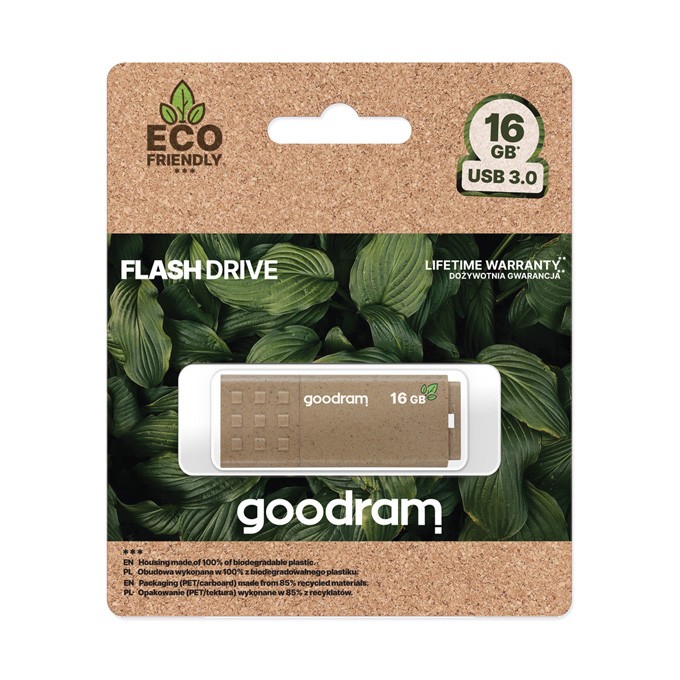 Goodram USB flash disk, USB 3.0, 16GB, UME3 ECO FRIENDLY, brązowy, UME3-0160EFR11, USB A, z osłoną