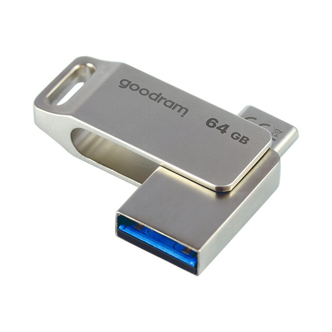 Goodram USB flash disk, USB 3.0, 64GB, ODA3, srebrny, ODA3-0640S0R11, USB A / USB C, z obrotową osłoną