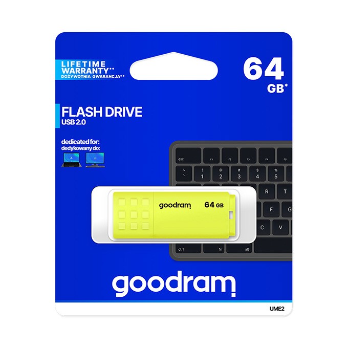 Goodram USB flash disk, USB 2.0, 64GB, UME2, żółty, UME2-0640Y0R11, USB A, z osłoną