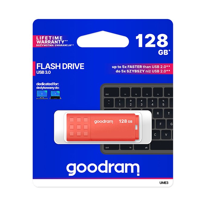Goodram USB flash disk, USB 3.0, 128GB, UME3, pomarańczowy, UME3-1280O0R11, USB A, z osłoną
