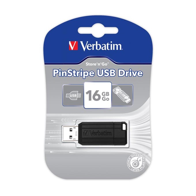 Verbatim USB flash disk, USB 2.0, 16GB, PinStripe, Store N Go, czarny, 49063, USB A, z wysuwanym złączem