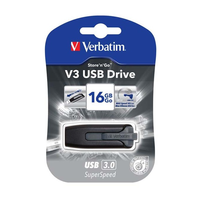 Verbatim USB flash disk, USB 3.0, 16GB, V3, Store N Go, czarny, 49172, USB A, z wysuwanym złączem