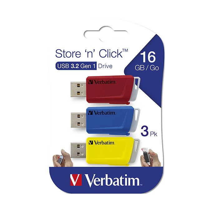 Verbatim USB flash disk, USB 3.0, 16GB, Store N Click, mix kolorów, 49306, USB A, z wysuwanym złączem. 3 szt