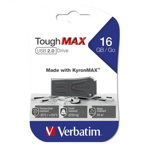 Verbatim USB flash disk, USB 2.0, 16GB, ToughMAX, czarny, 49330, USB A, kompozyt KyronMAX(tm)