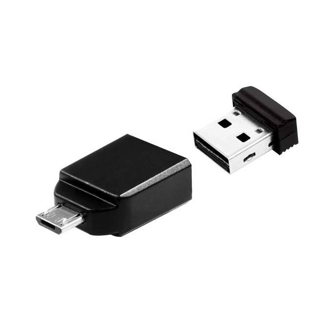 Verbatim USB flash disk, USB 2.0, 16GB, Nano, Store N Go, czarny, 49821, USB A, z adapterem mikro USB