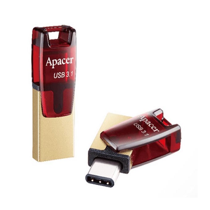 Apacer USB flash disk OTG, USB 3.0, 32GB, AH180, czerwony, AP32GAH180R-1, USB A / USB C, z obrotową osłoną