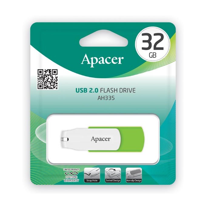 Apacer USB flash disk, USB 2.0, 32GB, AH335, zielony, AP32GAH335G-1, USB A, z obrotową osłoną