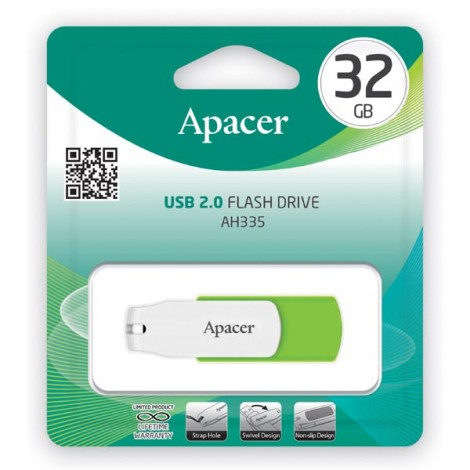 Apacer USB flash disk, USB 2.0, 32GB, AH335, zielony, AP32GAH335G-1, USB A, z obrotową osłoną Apacer USB flash disk, USB 2.0, 32GB, AH335, zielony, AP32GAH335G-1, USB A, z obrotową osłoną