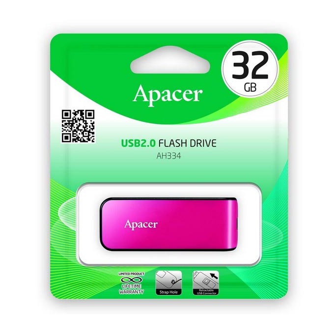 Apacer USB flash disk, USB 2.0, 32GB, AH334, różowy, AP32GAH334P-1, USB A, z wysuwanym złączem