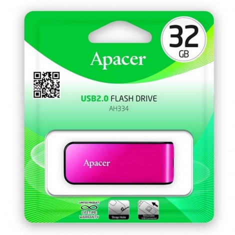 Apacer USB flash disk, USB 2.0, 32GB, AH334, różowy, AP32GAH334P-1, USB A, z wysuwanym złączem Apacer USB flash disk, USB 2.0, 32GB, AH334, różowy, AP32GAH334P-1, USB A, z wysuwanym złączem