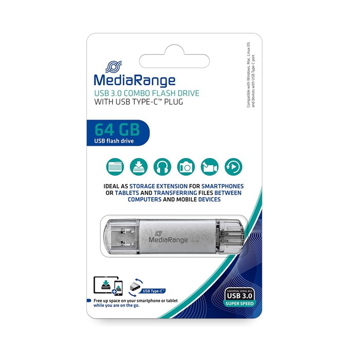 MediaRange USB flash disk, USB 3.0, 64GB, srebrny, MR937, USB A / USB C, z osłoną